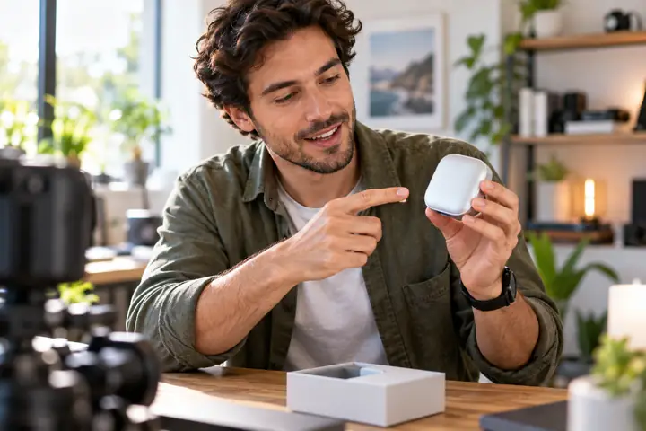 Criador de conteúdo de tecnologia analisando um dispositivo compacto em um estúdio doméstico moderno e bem iluminado, com enquadramento próximo e luz natural.