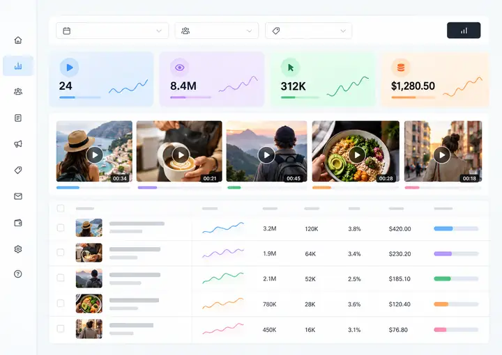 Interface de acompanhamento de campanhas com resumos de vídeos, visualizações e desempenho
