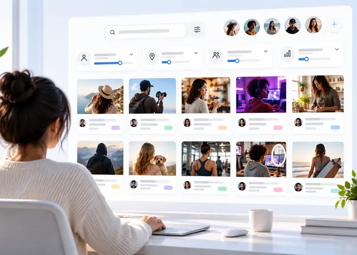 Interface para encontrar criadores mostrando formas de buscar influenciadores semelhantes