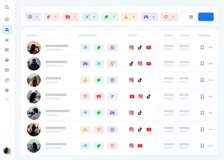 Interface de relacionamento com criadores exibindo etiquetas e uma lista organizada de perfis