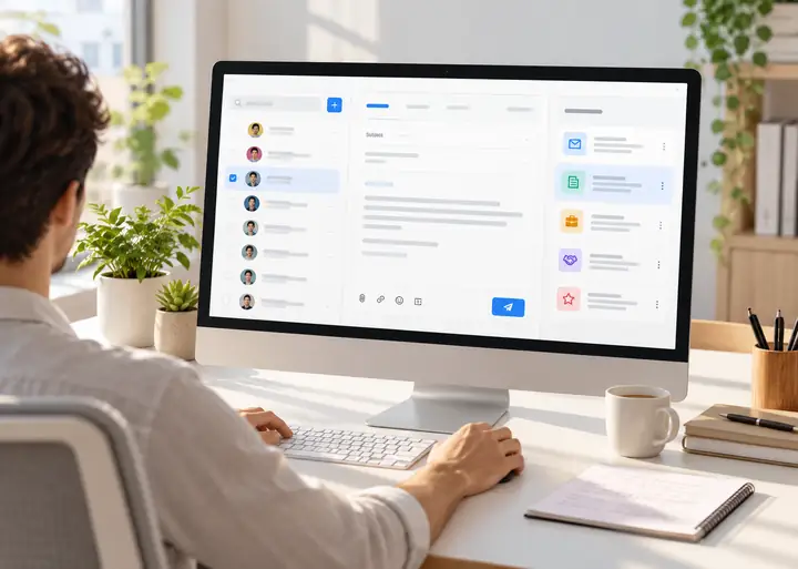 Interface de contato por e-mail com modelos de mensagem e opções de gerenciamento de contatos