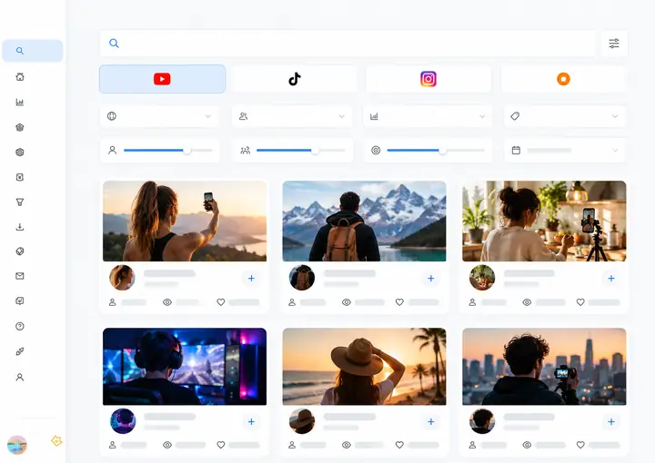 Interface de busca de influenciadores com filtros de plataforma e controles para encontrar criadores
